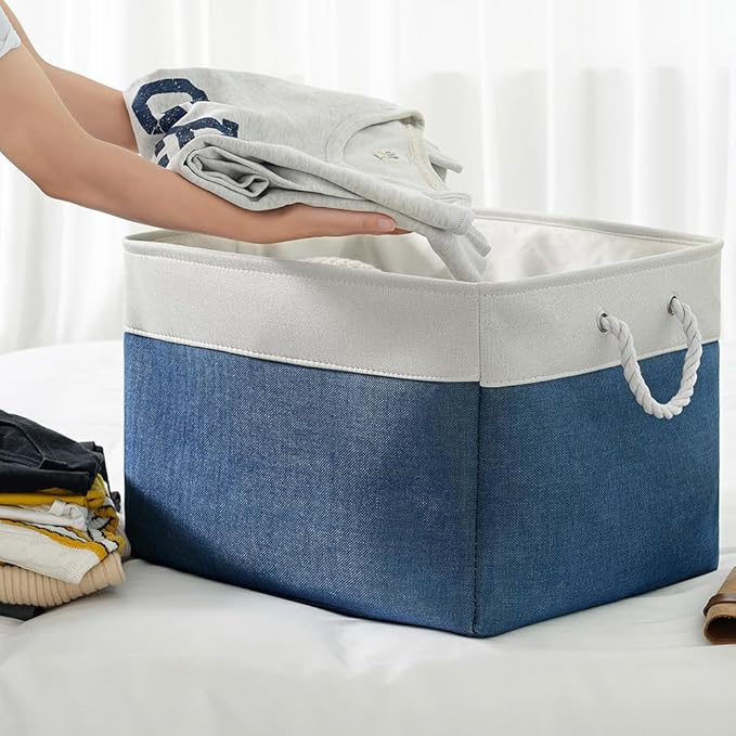 TheWarmHome Organization and Storage Basket for Shelves - Jumbo 3 Pack 20x16x14 inch Collapsible Storage Bins for Organizing, Canves Storage Cubes for Gift Organizer Toys Closet (White & Jean Blue)-Ruum Studio Home