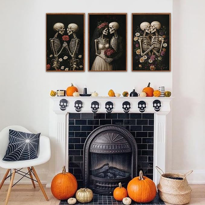 HLNIUC Halloween Rose Wedding Framed Wall Art,Vintage Skeleton Rose Canvas Prints,Abstract Romantic Theme Wall Decor Set of 3(16”x24”)Dark Romance Framed Painting,Roses Skull Art Print for Living Room-Ruum Studio Home