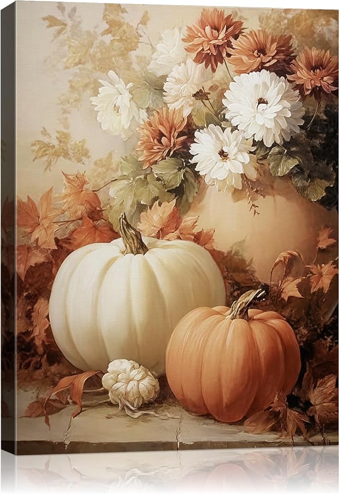 AbcCustomize Fall Wall Art Pumpkin Floral Print, Vintage Thanksgiving Decorations Canvas for Autumn Decor, Rustic Daisy Farmhouse Wall Art Decor for Bedroom Living Room Kitchen, Ready to Hang-Ruum Studio Home