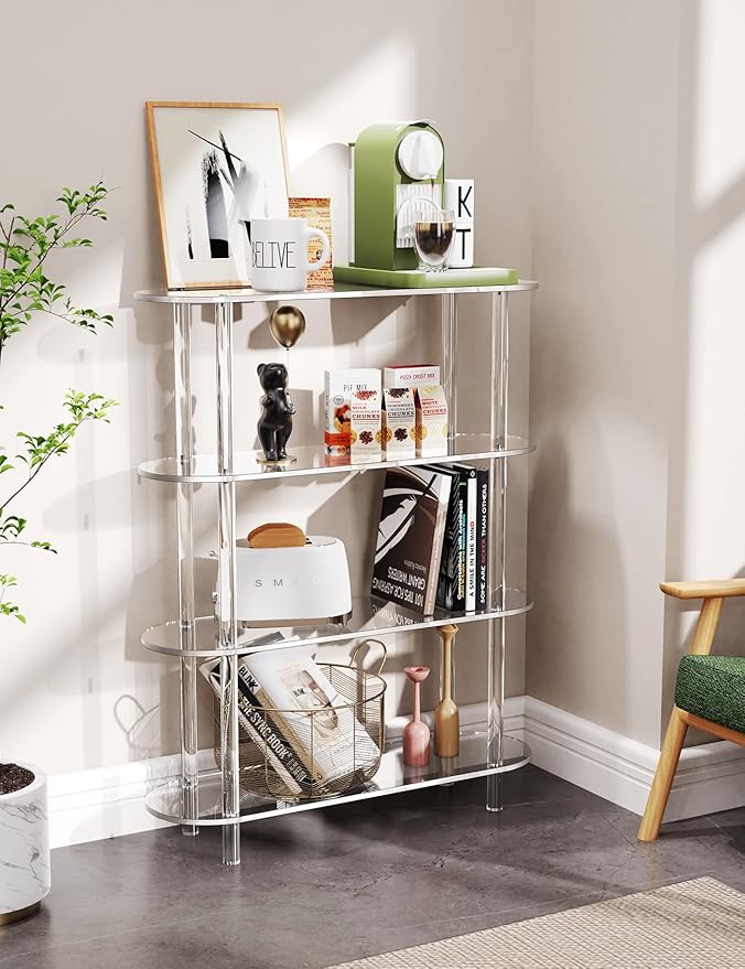 Clear Bookshelf, Acrylic Bookcase with Open Book Shelf Console Table for Entryway Office Living Room Bedroom (4 Tier Clear)-Ruum Studio Home