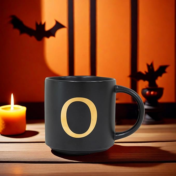 COLLECTIVE HOME - Monogram Ceramic Mugs, 15 oz Golden Initial Black Coffee Cups, Elegant Alphabet Tea Mugs, Elegant Personalized Mug with Gift Box, Unique Mug with Double Side Capital Lette (O)-Ruum Studio Home