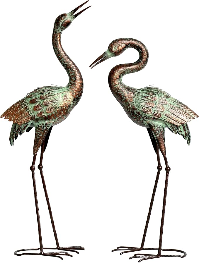 Shorayn Garden Crane Statues, Blue Heron Sculptures for Outdoor, Cranes Decor Metal Bird, Patina Garden Art Lawn Ornaments for Yard Patio Porch Outside Decorations-Ruum Studio Home