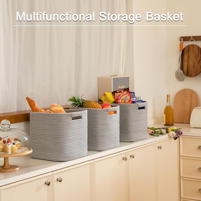OIAHOMY Storage Cubes 11 Inch Bins-3-Pack, Cotton Rope Woven Baskets for Organizing, Square Storage Baskets for Shelves, Classroom, Kids Toy Bins, Closet, Baby Nursery-Grey-Ruum Studio Home