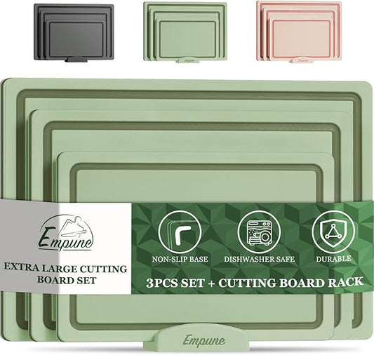 Empune Plastic Cutting Board Set, Recycled Plastic Cutting Boards for Kitchen (Set of 3), Dishwasher Safe Large Chopping Board with Holder, Non-slip Feet and Juice Grooves, Nonporous, Green-Ruum Studio Home