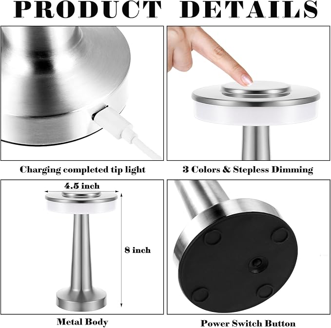 VIHOSE Set of 8 LED Portable Cordless Table Lamp with Touch Sensor 3 Color Stepless Dimming Rechargeable Battery up to 15 Hours Cordless Table Light Wireless Lamp for Nursery(Silver)-Ruum Studio Home