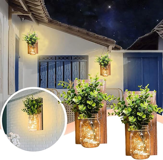 Rustic Wall Sconces, Mason Jar Sconces, Farmhouse Home Decor, LED Fairy Lights, Green Fake Plant, Interior Decoration Warm Toned Lighting. (2 Pack)-Ruum Studio Home