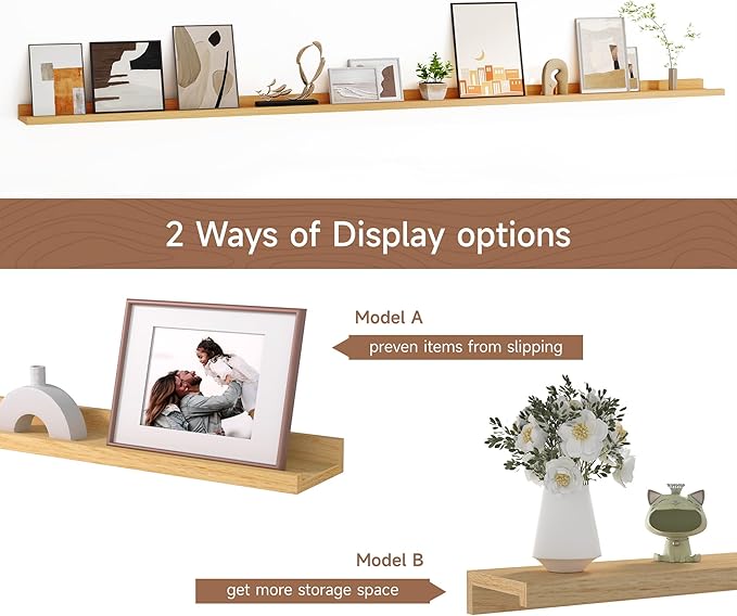 Floating Picture Ledge Shelves for Wall Set of 2, 84 Inches Picture Ledge Shelf with Long Large Nursery Book Shelf for Toys Storage Kids Bookshelf Wall Mounted Living Room Bedroom Decor Frames, Oak-Ruum Studio Home