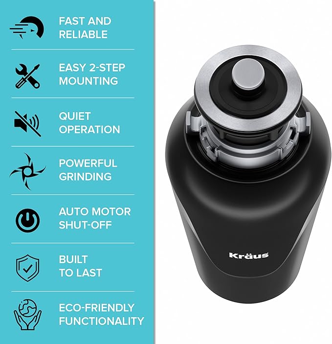 KRAUS WasteGuard 3/4 HP Ultra-Quiet Garbage Disposal with Quick Connect, Kitchen Sink Drain Cover, Power Cord and Flange Included, KWD100-75MBL-Ruum Studio Home