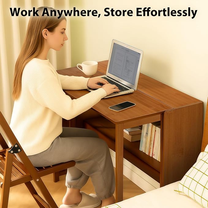 39.37" Bamboo Folding Desk,Space-Saving Computer Desk for Small Spaces, Foldable Study Table for Bedroom, Home Office, Dorm, Apartment (Brown)-Ruum Studio Home