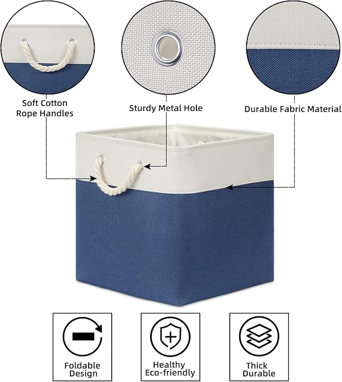 Bidtakay Storage Baskets Large Cube Storage Bins Fabric Baskets for Organizing Shelves 13x13 Navy Blue Square Storage Bins Large Set of 3 Linen Closet Organizers for Cabinet Home-Ruum Studio Home