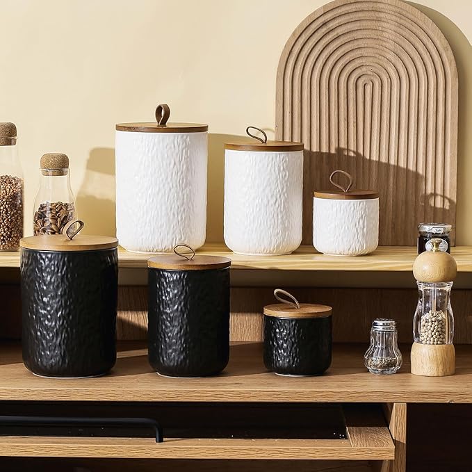 Black White Ceramic Coffee Canister Tea Canister with Seal Wood Lid, Airtight Coffee Storage Container for Coffee Bean, Ground Coffee, Sugar, Cookie Candy jar (Black, 800ml)-Ruum Studio Home