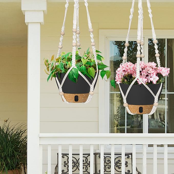 ZMTECH 2 Pack 10 Inch Hanging Planters with Macrame Plant Hanger for Indoor and Outdoor Plants, Self Watering, Drainage Hole, Visible Level Tray, Gray-Ruum Studio Home
