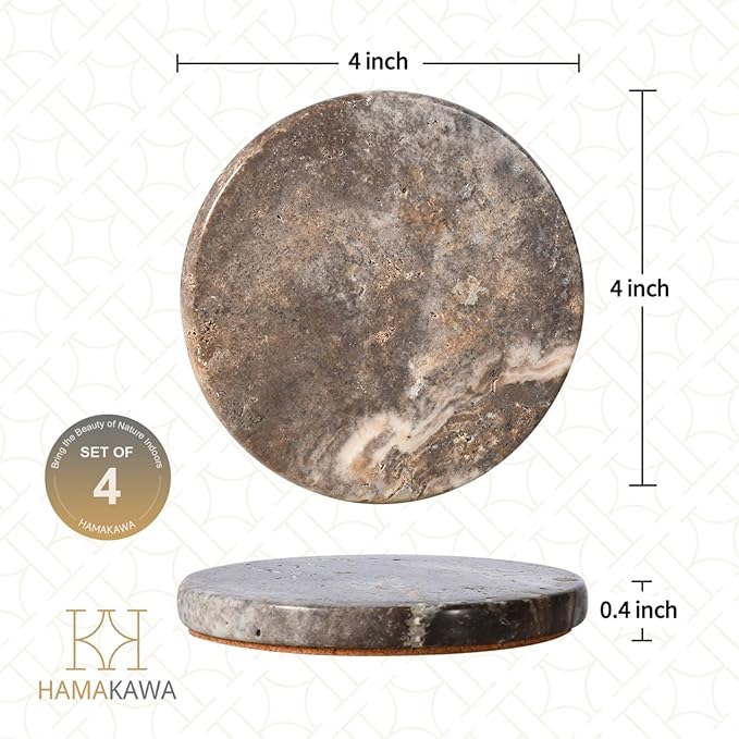 Marble Coasters Set of 4, Natural Gray Stone 4 Inch/10 cm, Modern Round Travertine Drink Coasters for Home Decor, Coffee Table, Office-Ruum Studio Home