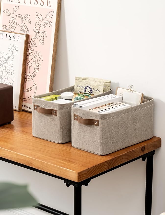 StorageWorks Narrow Storage Bins, Small Basket for Closet and Shelves, Rectangular Fabric Organizer with Handles, Toilet Paper Storage, Brown and Beige, 2-Pack-Ruum Studio Home