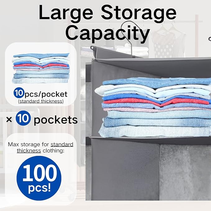 5 Tier Shelf Hanging Closet Organizer, Dual-Row 10 Pocket Cloth Hanging Shelf with 3 Sturdy Hooks for Storage, Foldable (Grey)-Ruum Studio Home