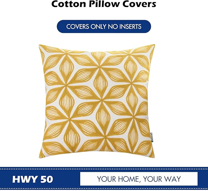 HWY 50 Yellow Decorative Throw Pillow Covers 18x18 Inch (1 Piece), Embroidered Cotton Farmhouse Cushion Cover Pillow Case for Sofa Couch Living Room Bed, Fashion Geometric-Ruum Studio Home