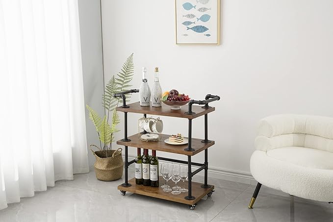 Industrial Pipe Bar Carts/Serving Carts/Kitchen Carts/Wine Rack Carts on Wheels with Shelves - Wood Rolling Carts - Wine Tea Liquor Shelves/Holder - Home Furniture-Ruum Studio Home