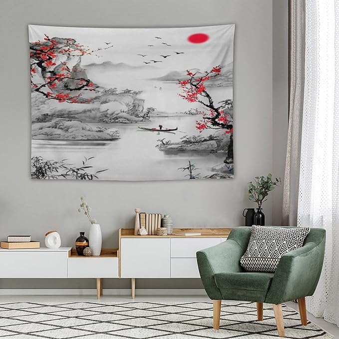 Cherry Blossoms Tapestry,Japanese Red Landscape Watercolor Abstract Art Tapestry,Asian Japanese Wall Tapestry, Nature Landscape Tapestries for Bedroom Living Room Decor 80"x60"-Ruum Studio Home