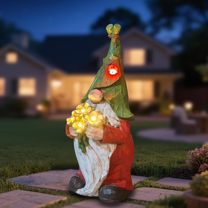 COWOS Garden Gnome Statue Outdoor Decor, Solar Garden Gnome Figurine Light, Resin Statues Sculpture for Patio Yard Lawn Outdoor Decorations-Ruum Studio Home