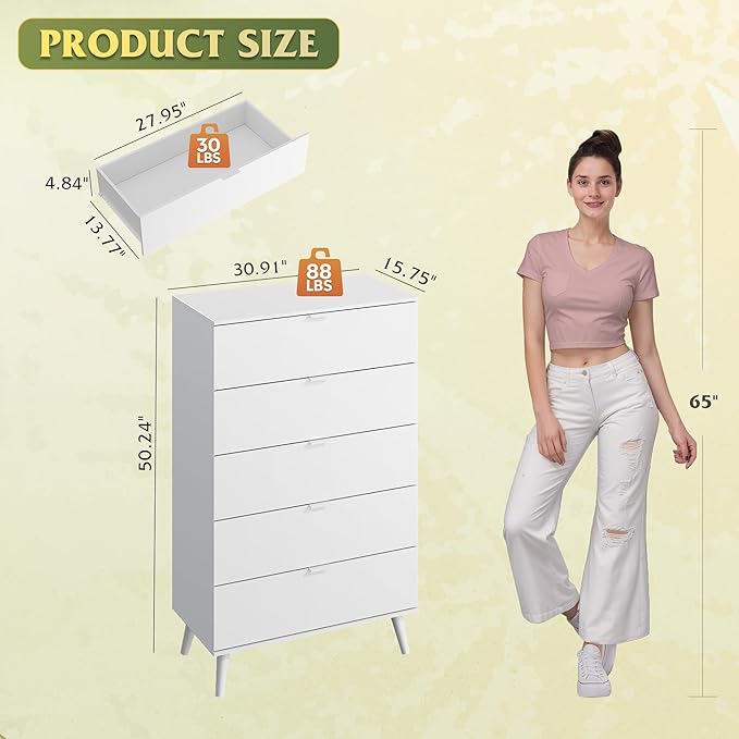 WLIVE 5 Drawer Dresser for Bedroom, Tall Wood Dresser, White Dressers Storage Organizer with Sturdy Metal Handle, Chest of Drawers for Living Room, Hallway, Closet-Ruum Studio Home