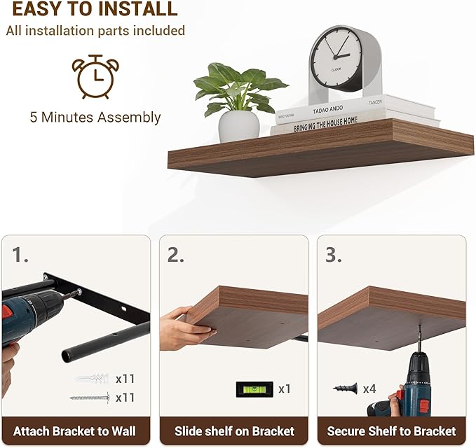 55 Inch Floating Shelves, 55"x9.25"x1.5" Inch Deep Floating Shelves for Wall, Wooden Shelves for Bathroom, Bedroom, Living Room, Walnut-Ruum Studio Home