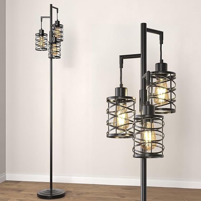 Oneach 70" Industrial Floor Lamp, Stepless Dimmable Standing Lamp with 3 Bulbs, Farmhouse Corner Standing Tree Lamp for Living Room, Tall Lamps for Bedroom, Office, Study Room, Dining Room, Black-Ruum Studio Home