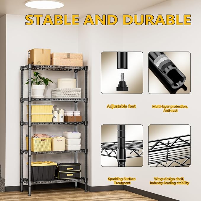 1250 lbs 5 Tier Shelf Metal Storage Shelves Shelving Wire Rack Heavy Duty Closet Organizers for Garage Kitchen Bathroom Laundry Black 13.8" D x 29.5" W x 59.5" H-Ruum Studio Home