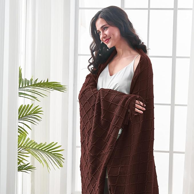 inhand Knitted Throw Blankets for Couch and Bed, Soft Cozy Knit Blanket with Tassel, Diamond Brown Lightweight Decorative Blankets and Throws, Farmhouse Warm Woven Blanket for Men and Women, 60"x80"-Ruum Studio Home