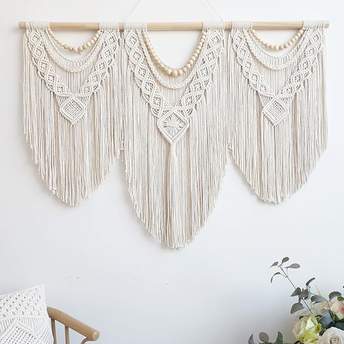 guzhiou large macrame wall hanging - Boho Tapestry Macrame Wall Decor Art- Chic Bohemian Handmade Woven Tapestry Home Decoration for Bedroom Living Room Apartment Wedding Party - 43"x32" (Wood bead)-Ruum Studio Home