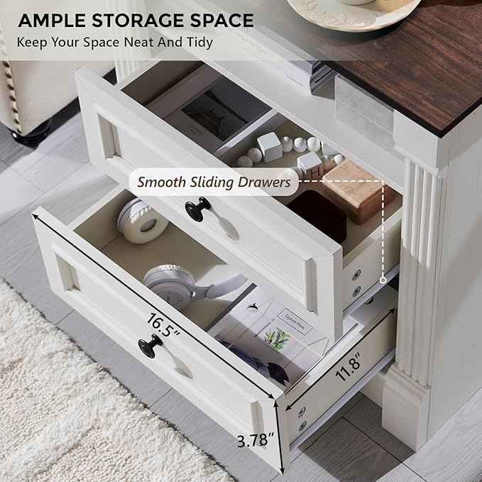 26" Tall Farmhouse Night stand Set of 2, 2 Drawers End Table w/Charging Station, 23.6" Wide Wood Side Table w/Roman Column, Large Rustic Sofa Table w/Open Shelf, Bedside Table for Bedroom, White-Ruum Studio Home