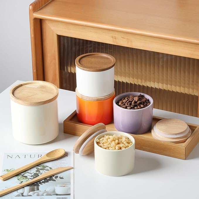 Sweejar Kitchen Canisters Ceramic Food Storage Jar, Stackable Containers with Airtight Seal Wooden Lid for Serving Ground Coffee, Tea, Sugar, Spice and More - 5 Fl Oz(Beige)-Ruum Studio Home