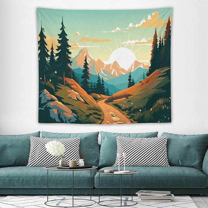 HZOHNAGO Mountain Tapestry Forest Mountain Sunrise Road Pattern Printed Wall Tapestry Wall Hanging for Bedroom Living Room Dorm 60" W x 50" H-Ruum Studio Home
