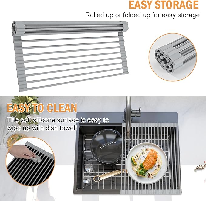 LEMIKKLE Roll Up Dish Drying Rack 17" x 13", Over The Sink Dish Drainer Rack, Foldable Sink Drying Rack, Anti-Slip Silicone Wrapped Dish Drainer for Kitchen Counter (Grey 17" x 13")-Ruum Studio Home