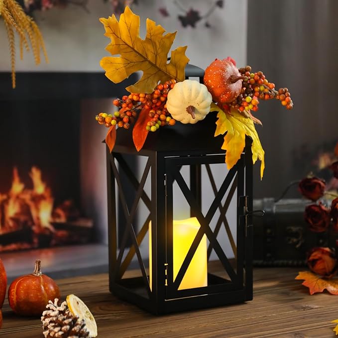 Fall Decor Lantern for Home, Large Decorative Lanterns Outdoor Waterproof 12" Battery Powered Decorative Lanterns Metal Hanging LED Candle Holder, Flameless Candle Lantern for Indoor 2 Packs-Ruum Studio Home