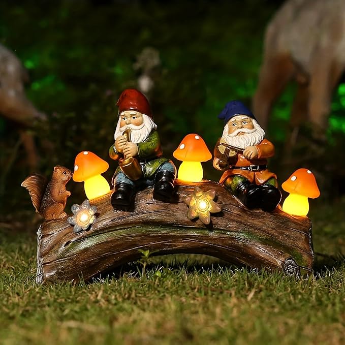 Funny Garden Gnome Statue Solar Powered Mushroom Figurine with Squirrel Gnome Durable Resin Outdoor Decoration for Patio Yard Lawn Ornament Housewarming Gift-Ruum Studio Home