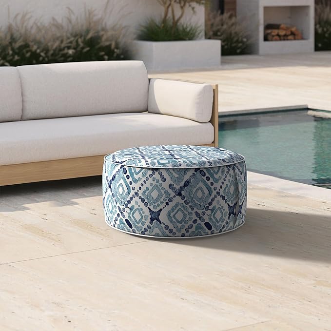 Inflatable Ottoman Stool D21 xH9 for Outdoor/Indoor Use, Water Repellent Patio Foot Rest with Portable Handle,Round Pouf Ottoman Suitable for Garden,Deck and Camping - Boho Geometry Blue-Ruum Studio Home