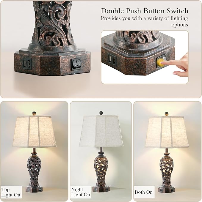 Set of 2 Farmhouse Table Lamps for Living Room, Rustic Vintage Nightstand Lamp with 2 USB Port, Bronze Resin Lamps for Bedroom End Table with Hollow Out Nightlight, 2 Bulbs Included-Ruum Studio Home