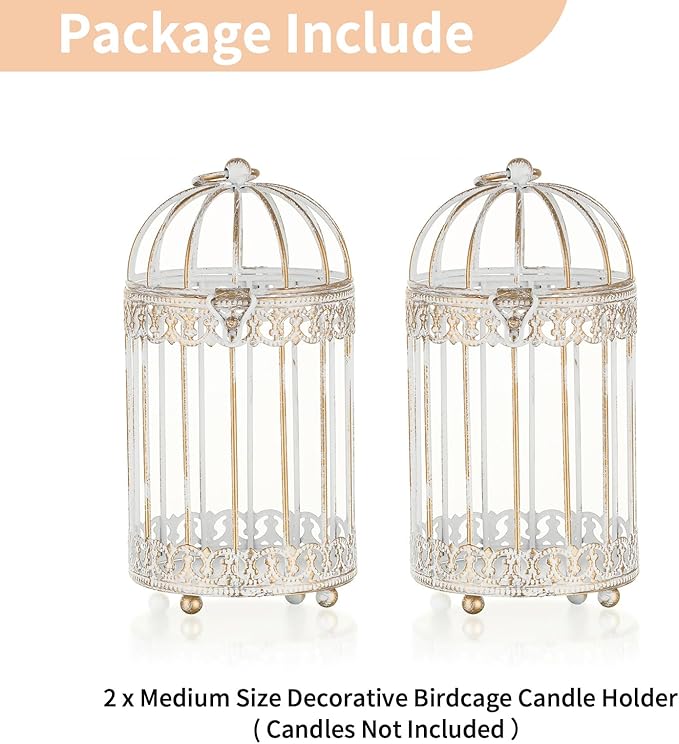 NUPTIO Candle Holders for Pillar Candles: 2 Set of 7.7 inch H Antique White Bird Cages Lantern Wedding Centerpiece Small Metal Hanging Pillars Holder for Bridal Shower Party Table Decorations-Ruum Studio Home