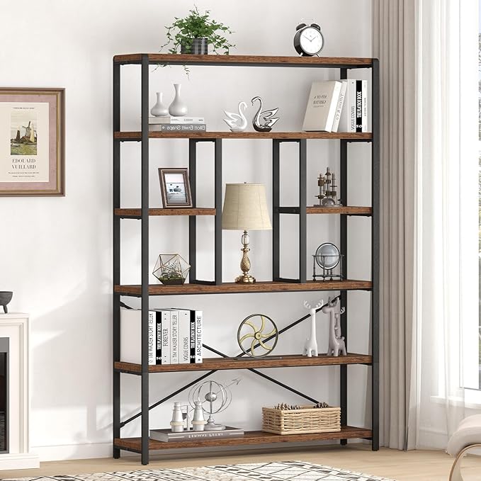 LVB Rustic Bookcases and Book Shelves, Metal Wood 6 Tier Bookshelf and Book Rack Storage, Industrial Vertical Display Etagere Book Case 6 Shelf, Vintage Large Book Shelf for Bedroom Living Room, Brown-Ruum Studio Home