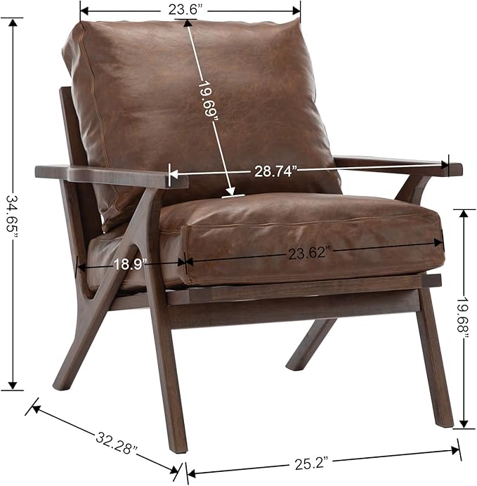 Wahson Brown Leather Accent Chair Mid Century Modern Chair, Retro Upholstered Armchair with Wood Frame and Removable PU Cushions, Large Compfy Leisure Slipper Chair for Living Room/Bedroom-Ruum Studio Home