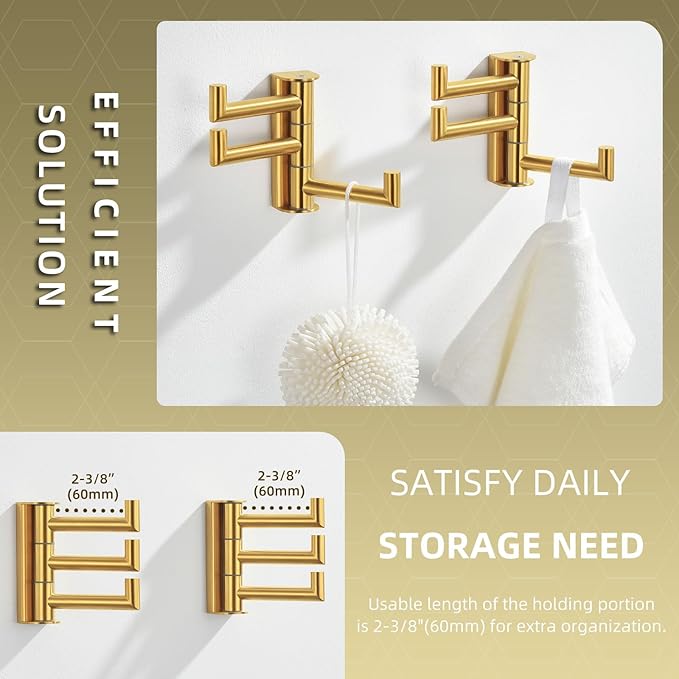 Angle Simple Towel Hooks Swivel, SUS 304 Stainless Steel 3 Arms Foldable Hand Towel Holder, Coat Hooks, Brushed Gold, 2 Pack-Ruum Studio Home