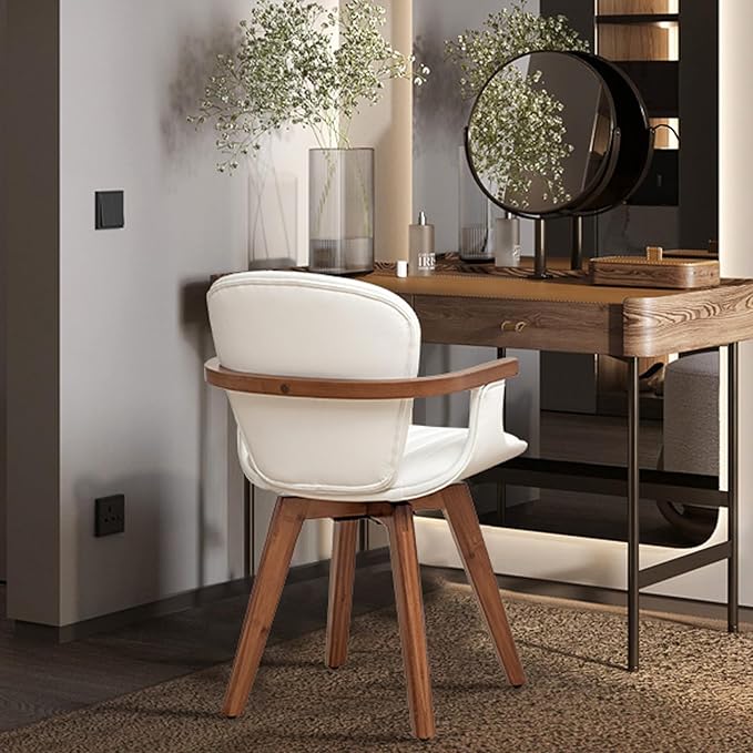 LUNLING Swivel Dining Room Chairs Set of 2,Mid Century Modern White Faux Leather Kitchen Chair with Arms,Bamboo Legs Side Chairs No Wheels,Accent Chair for Dining Rooms and Offices-Ruum Studio Home