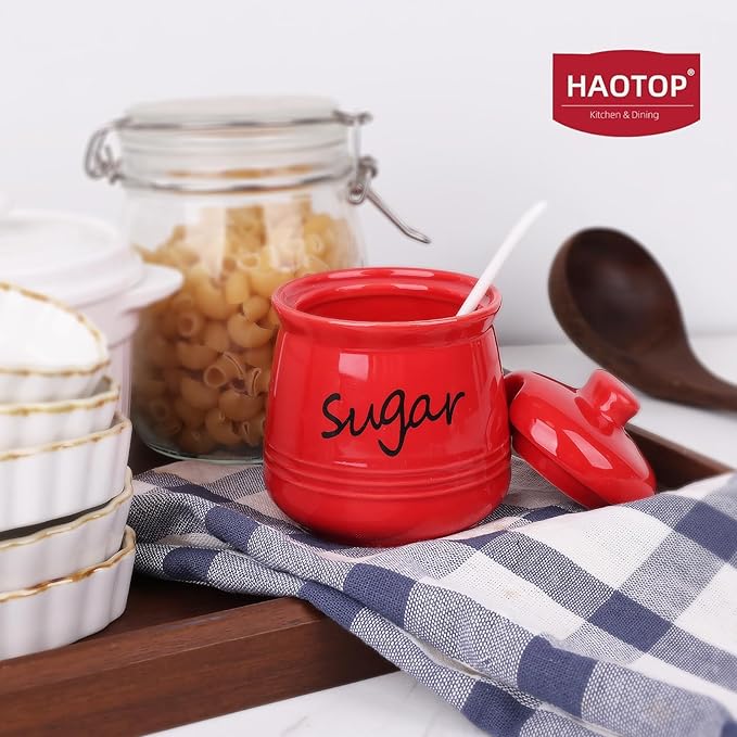 HAOTOP 12oz Sugar Bowl with Lid and Spoon,Ceramic Sugar Jar Sugar Dispenser Sugar Container Coffee Bar Accessories, Kitchen Countertop Canisters, Red-Ruum Studio Home