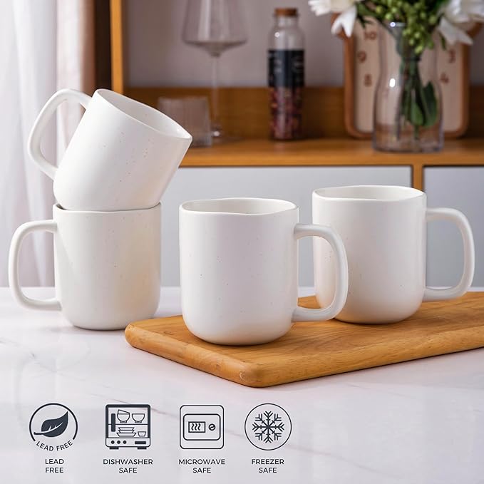 AmorArc 14oz Coffee Mugs Set of 6, Speckled Ceramic Coffee Mugs with Large Handle & Wavy Rim for Latte/Hot Cocoa/Tea, Coffee Cups for Men Women. Oven, Dishwasher&Microwave Safe, Speckled White-Ruum Studio Home