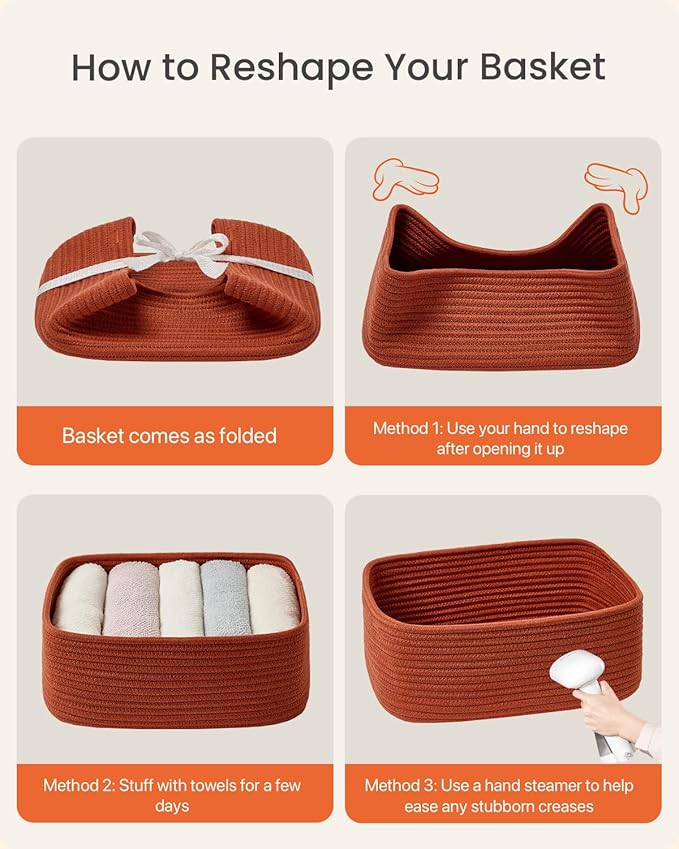 KALLAX Small Woven Basket, 13.5 x 9.5 x 5 Inches, Storage Basket for Organizing, Cute Small Rope Shelf Closet Cube Storage Bins Baskets for Shelves, Dog Toy Gift Baskets Empty, 3 Pack Rust Red-Ruum Studio Home