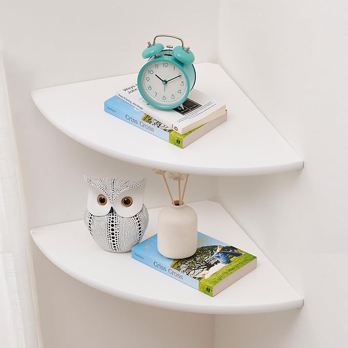 Corner Wall Shelves, White Floating Corner Shelf, Set of 2 16inch Solid Oak Wood Shelves, Round End Wall Mount Display Shelf with Wire Hole for Small Plant for Bedroom Kitchen, Living Room-Ruum Studio Home