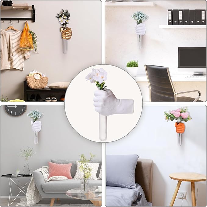 Creative Wall Hanging Sculpture, Funky White Hand Vases Home Decor, Artistic Hanging Hand Sculptures with Test Tube Vases, Unique Wall Art Statue-Ruum Studio Home
