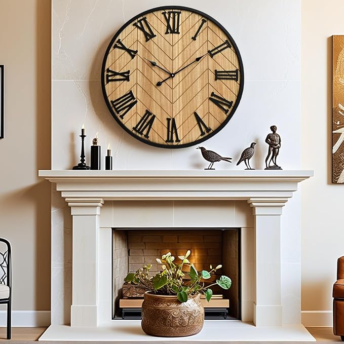30 Inch Large Wall Clock Farmhouse Style - Brown Silent Non-Ticking Rustic Decor for Living Room, Kitchen, Bedroom-Ruum Studio Home