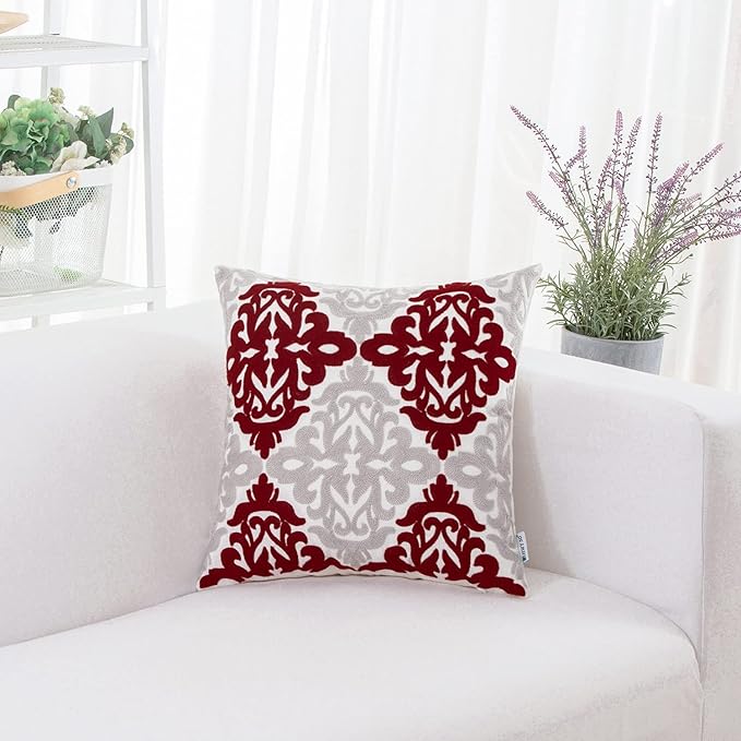HWY 50 Burgundy Red Decorative Throw Pillow Covers 18x18 Inch, Pack of 2 Embroidered Cotton Farmhouse Cushion Cover Pillow Case for Sofa Couch Living Room Bed Bedroon, Accent Geometric-Ruum Studio Home