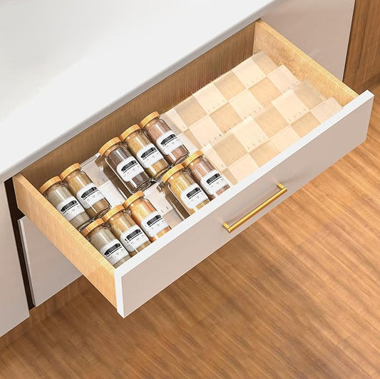 2-Tier Non-Slip Spice Drawer Organizer, 2-Pack Checkered Frosted Clear Acrylic, Expandable (11''-22'') Spice Rack for Kitchen Drawer Storage – Holds Seasonings, Herbs, and Spices (Jars Not Included)-Ruum Studio Home